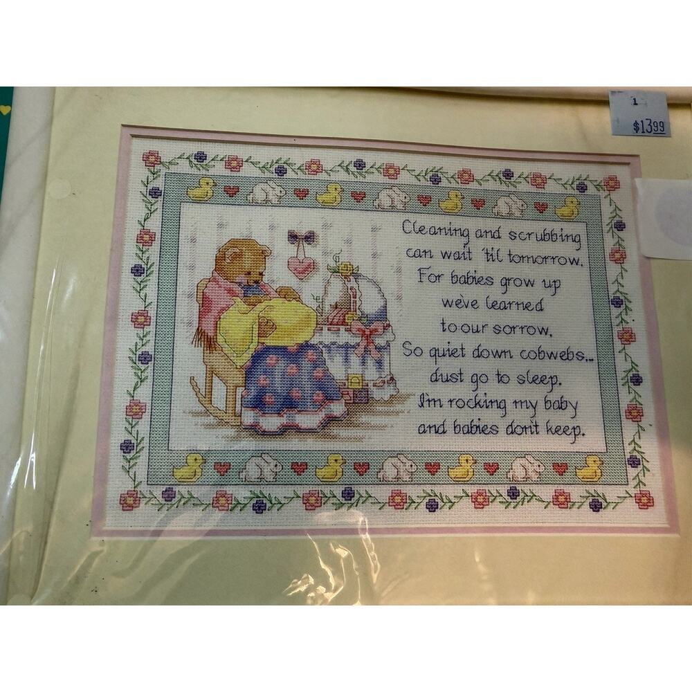 Vintage New Sunset BabyHugs Babies Grow Up Cross Stitch Kit Cleaning Bear 13538